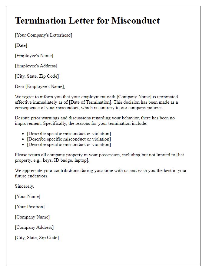 Letter template of termination for misconduct