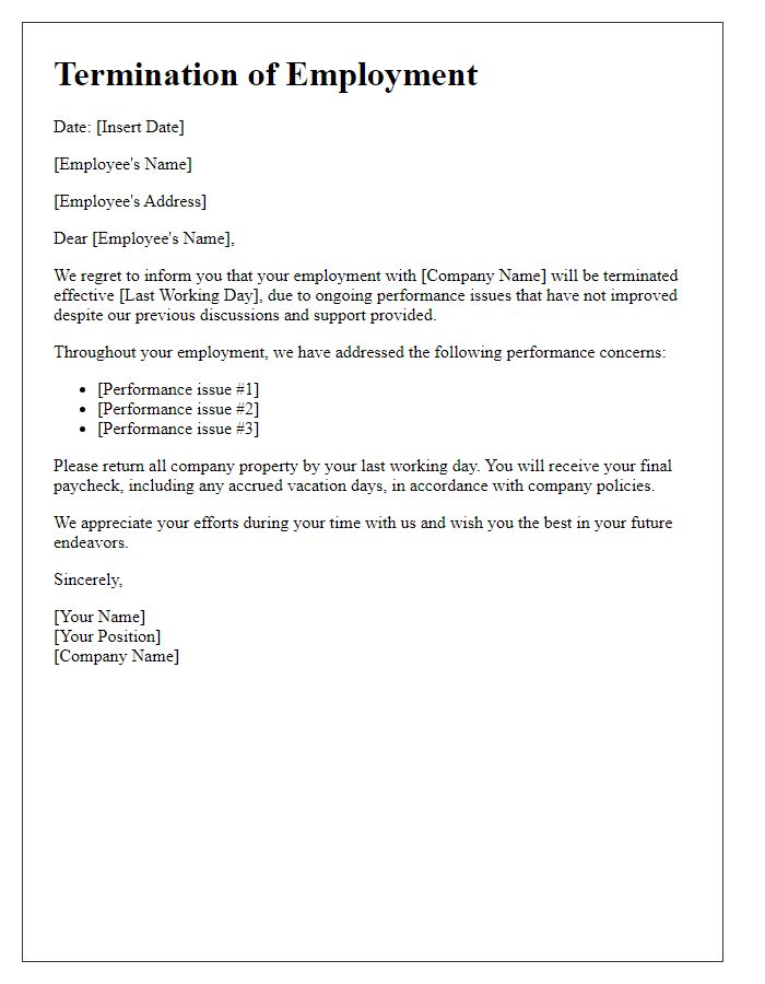 Letter template of termination of employment due to performance issues