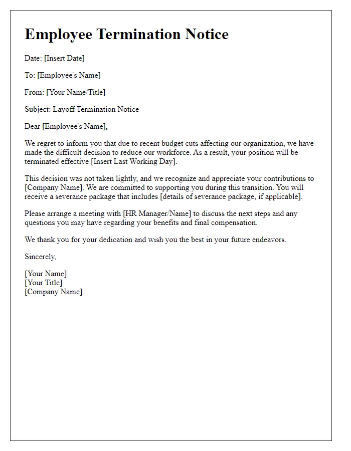 Letter template of employee layoff termination notice due to budget cuts