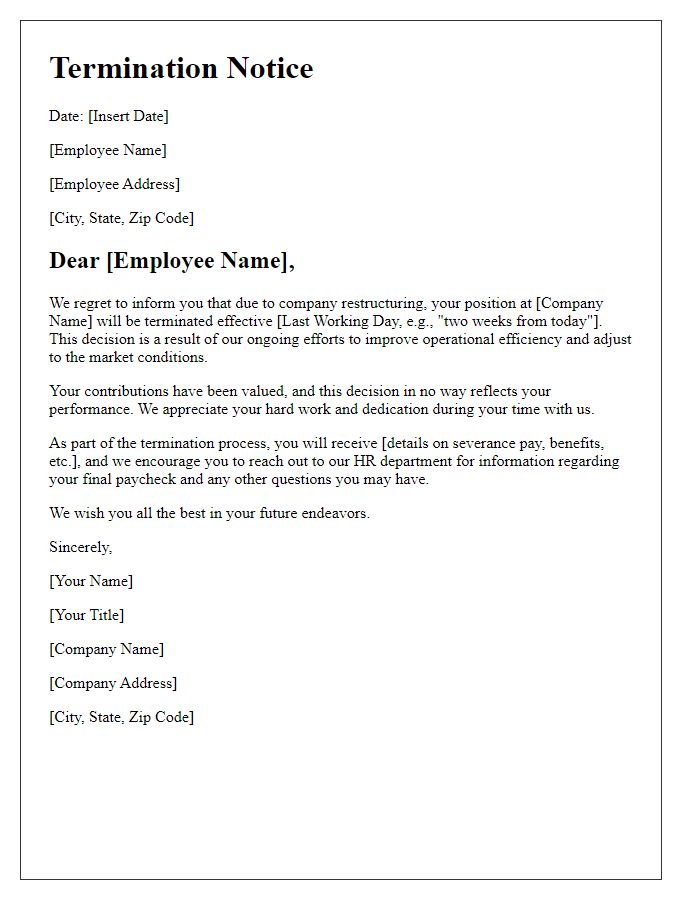 Letter template of employee layoff termination notice due to restructuring