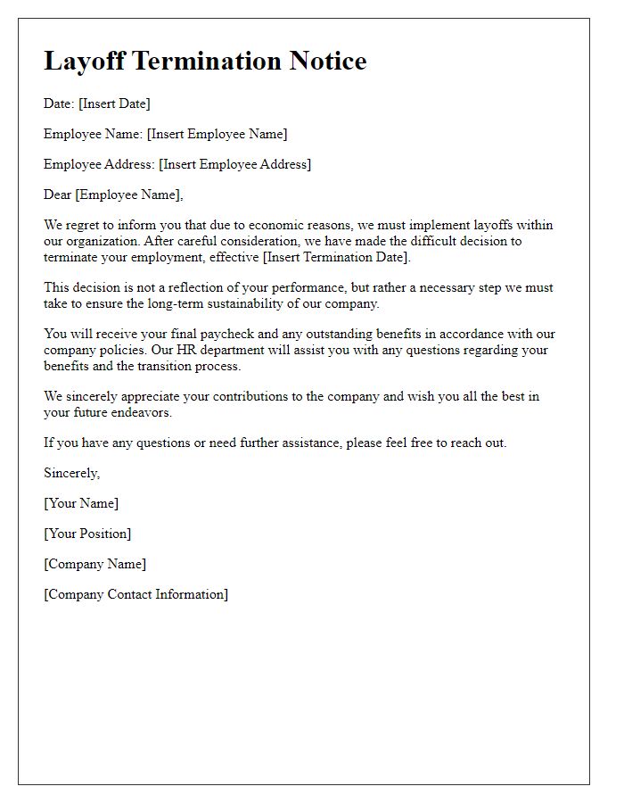 Letter template of employee layoff termination notice for economic reasons