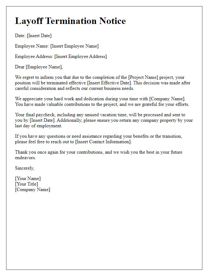 Letter template of employee layoff termination notice for project completion