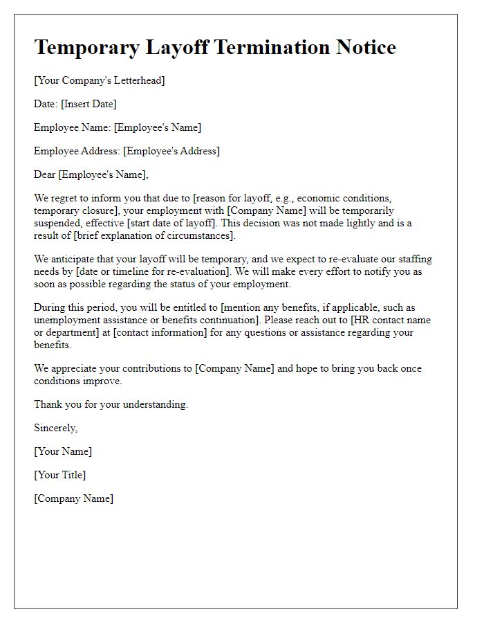 Letter template of employee layoff termination notice for temporary layoffs