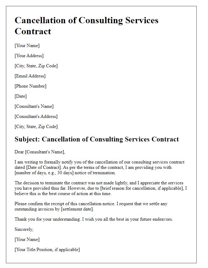 Letter template of cancellation of consulting services contract.