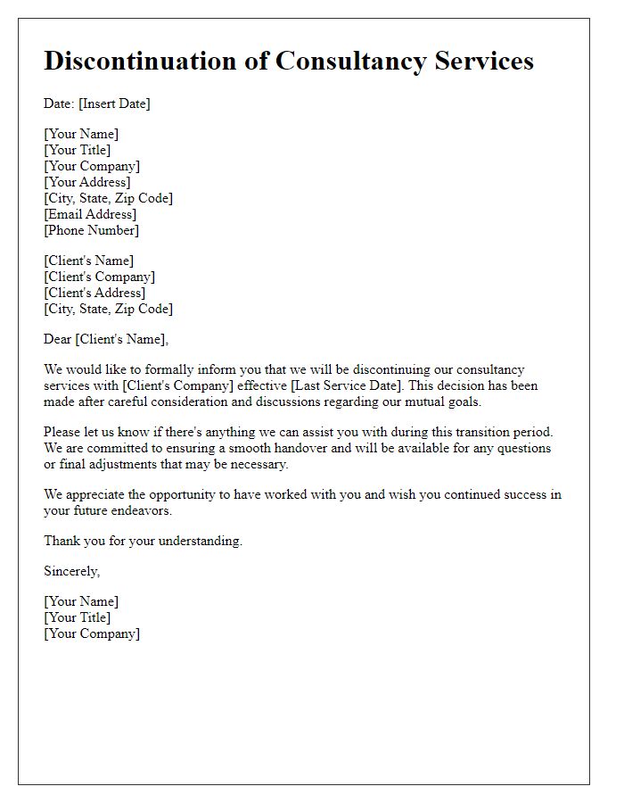 Letter template of discontinuation of consultancy services.