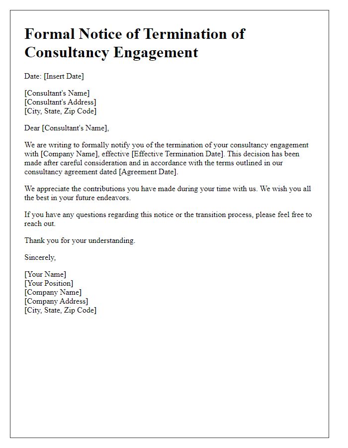 Letter template of formal notice for ending consultancy engagement.