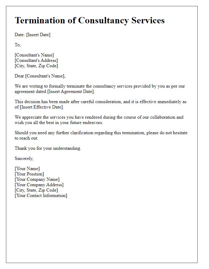 Letter template of termination letter for consultancy services rendered.