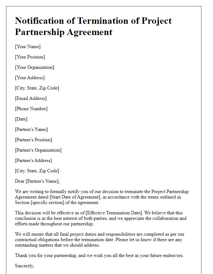 Letter template of ending project partnership agreement