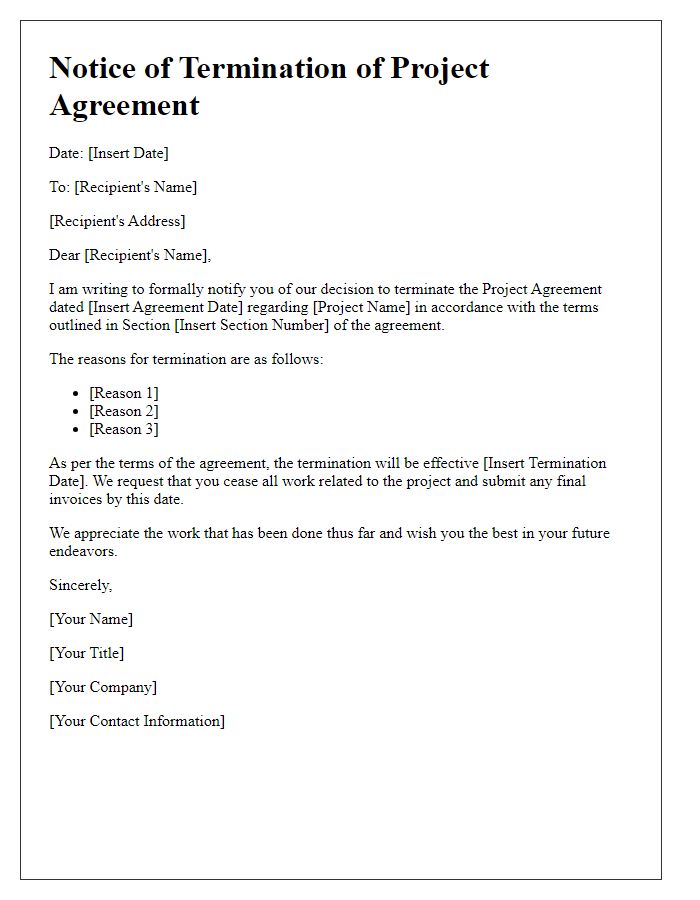 Letter template of notice to terminate project agreement