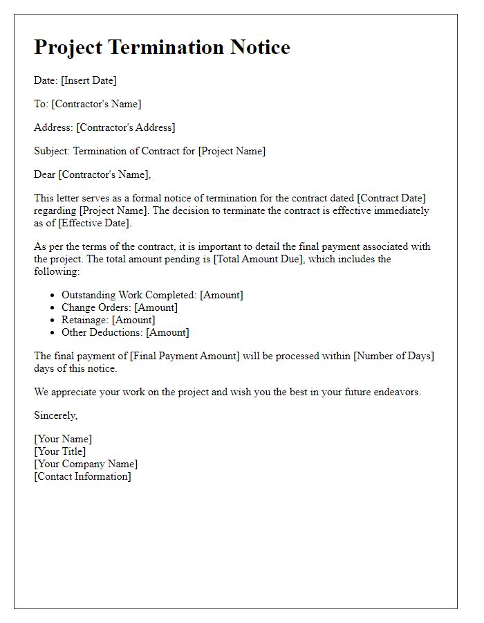 Letter template of contractor project termination notice with final payment detail