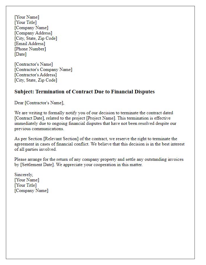 Letter template of contractor project termination notice for financial disputes