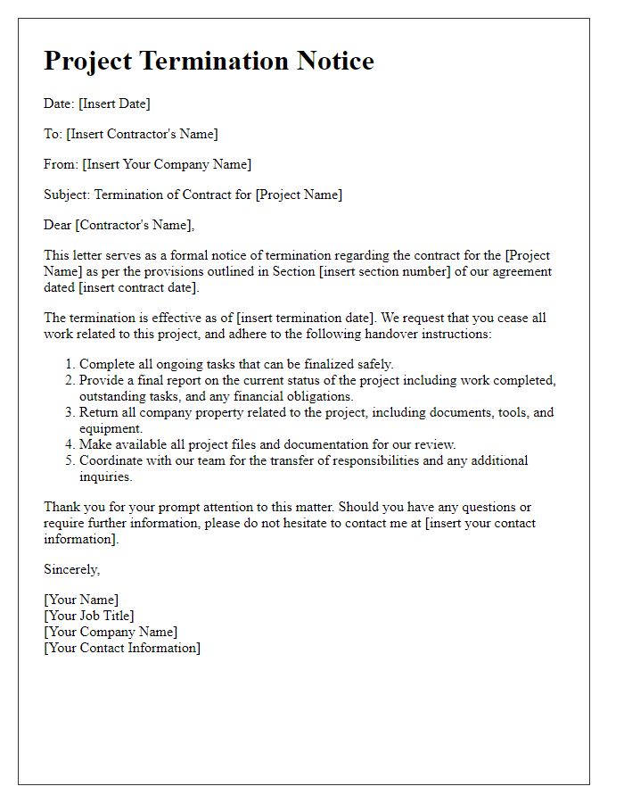 Letter template of contractor project termination notice including project handover instructions