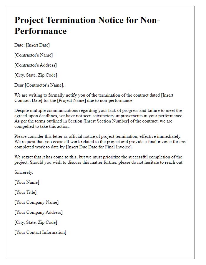 Letter template of contractor project termination notice for non-performance