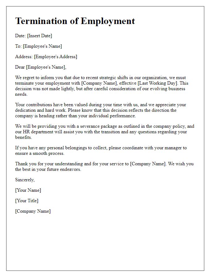 Letter template of termination resulting from strategic shifts in the organization.