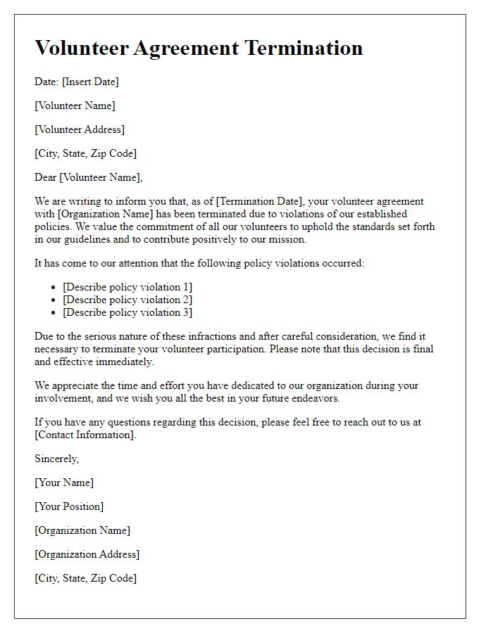 Letter template of Volunteer Agreement Termination for Policy Violations