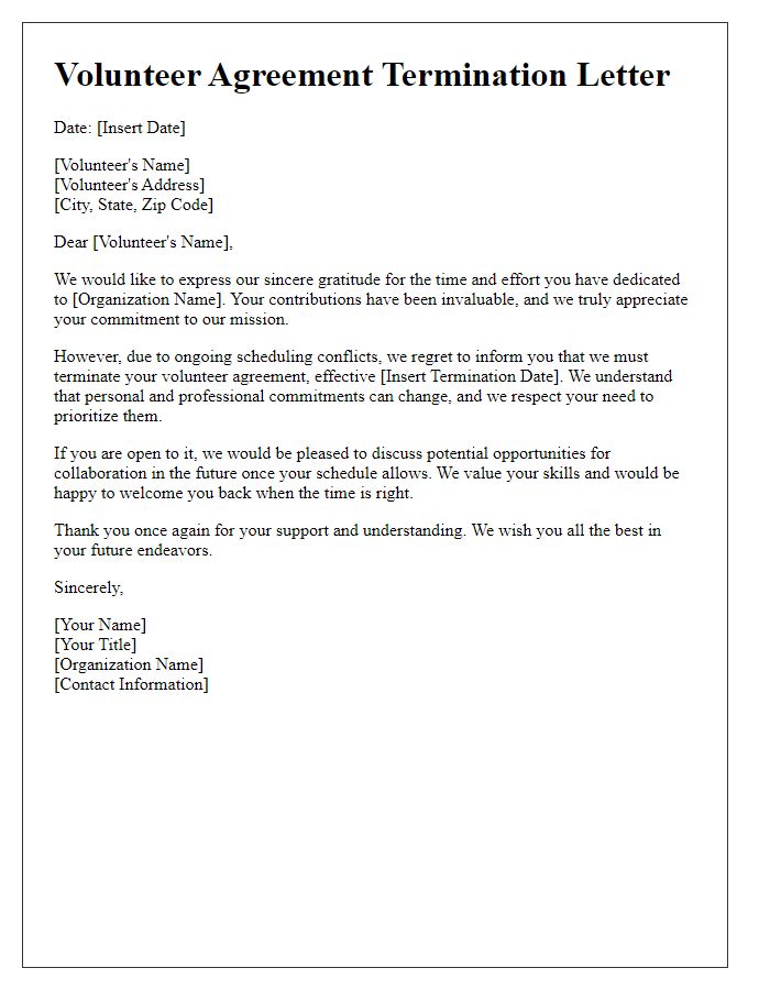 Letter template of Volunteer Agreement Termination for Scheduling Conflicts
