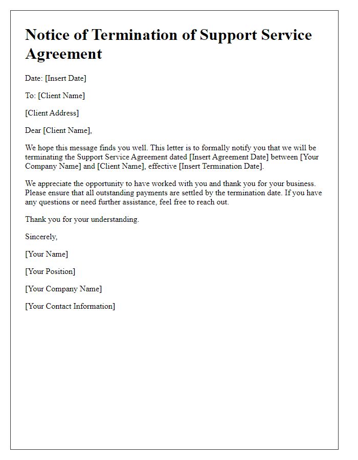 Letter template of ending support service agreement