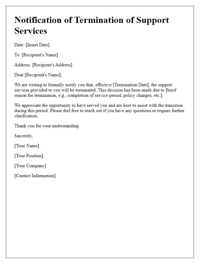 Letter template of notification for support services termination