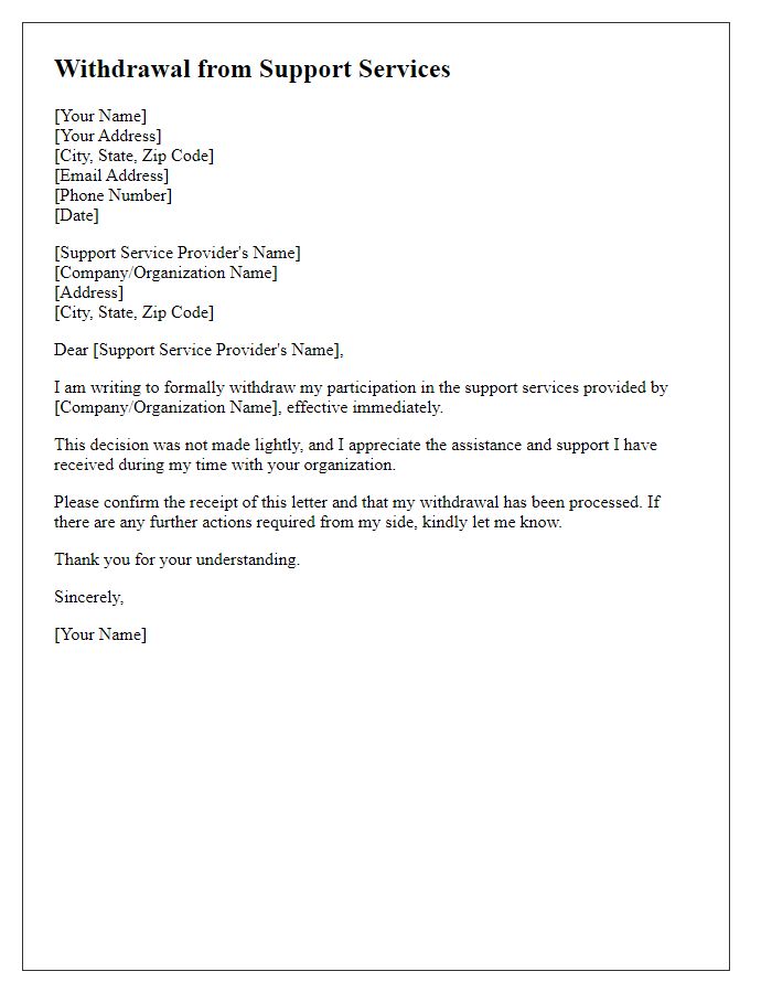 Letter template of withdrawal from support services