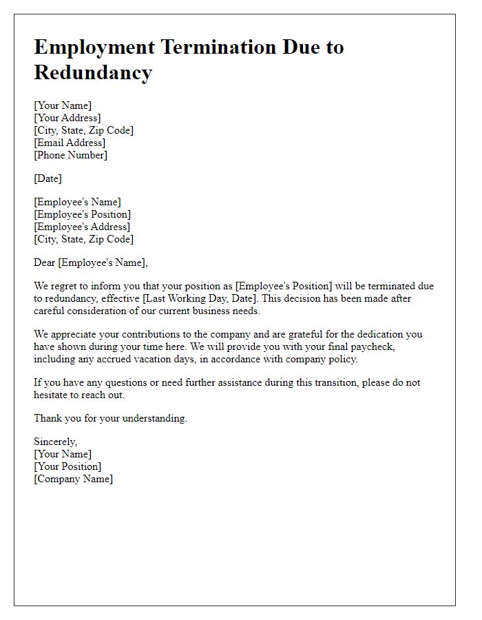 Letter template of ending employment due to job redundancy