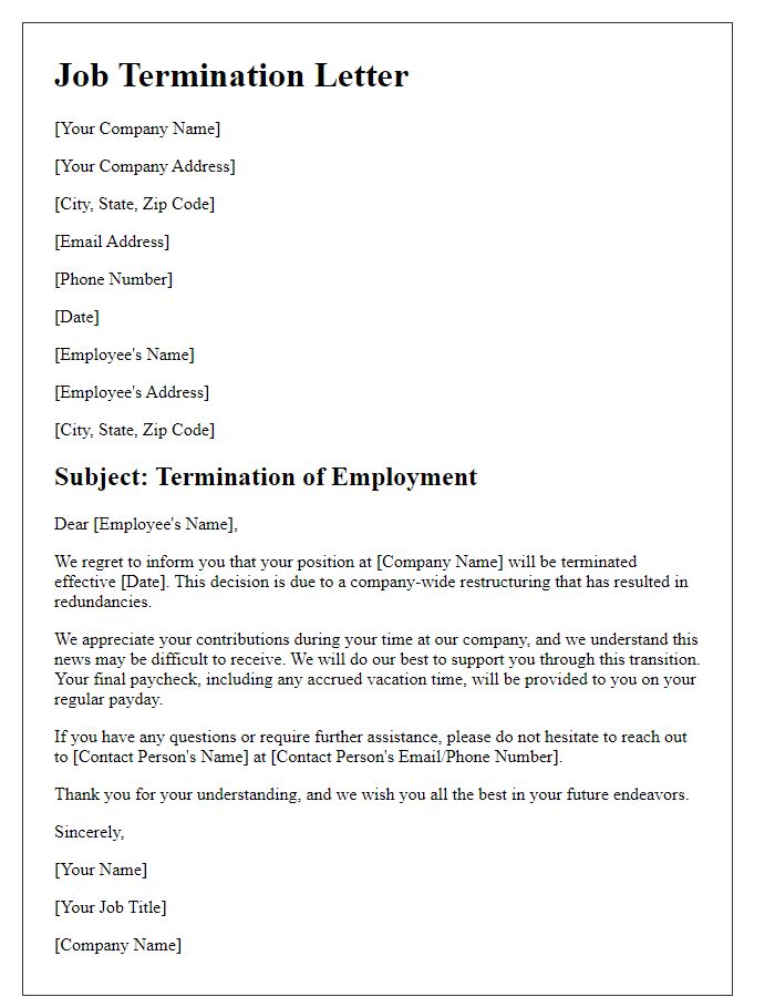 Letter template of job termination because of redundancies