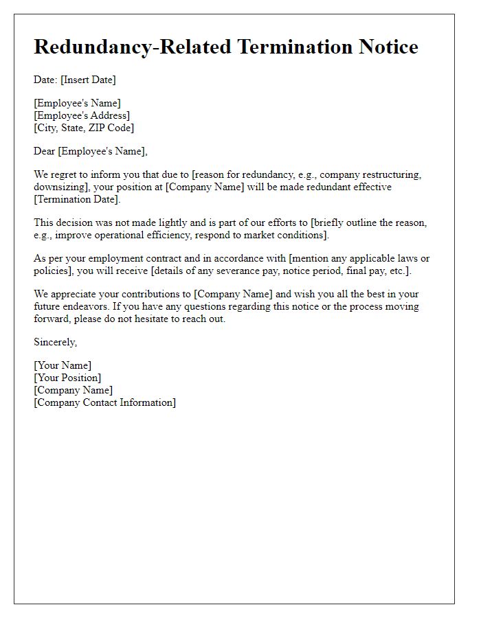 Letter template of redundancy-related termination notice