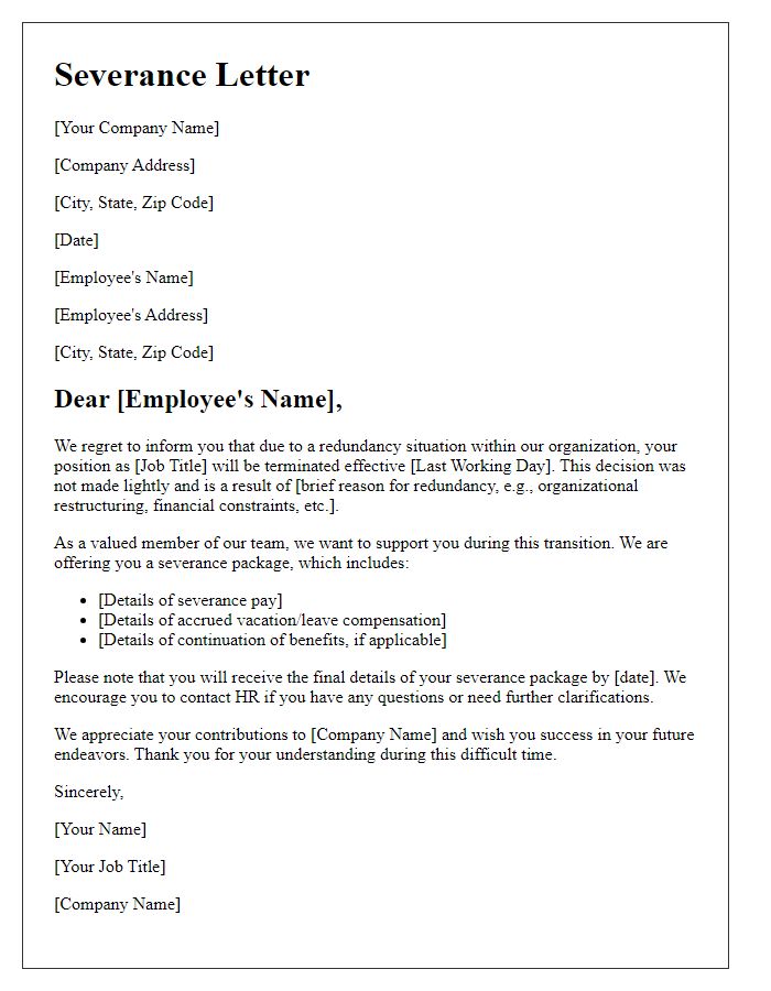 Letter template of severance letter for redundant positions