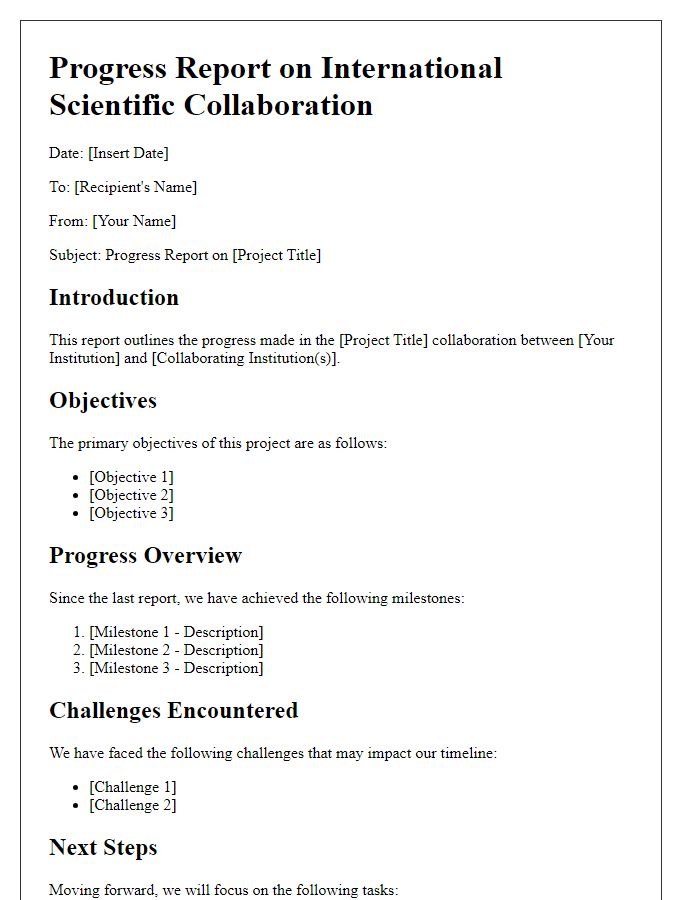 Letter template of progress report for international scientific collaboration