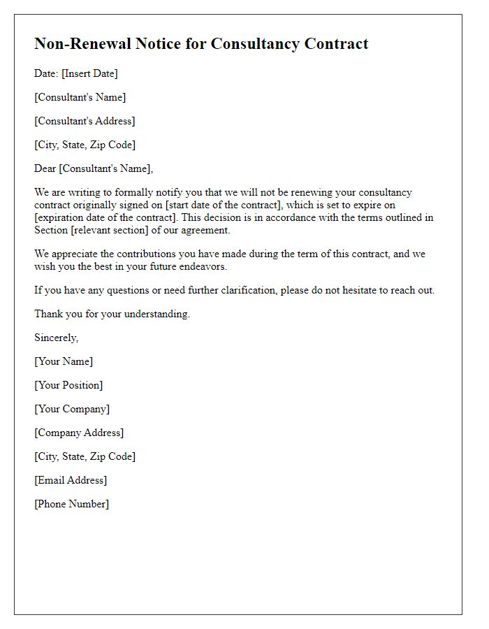 Letter template of non-renewal notice for consultancy contract termination