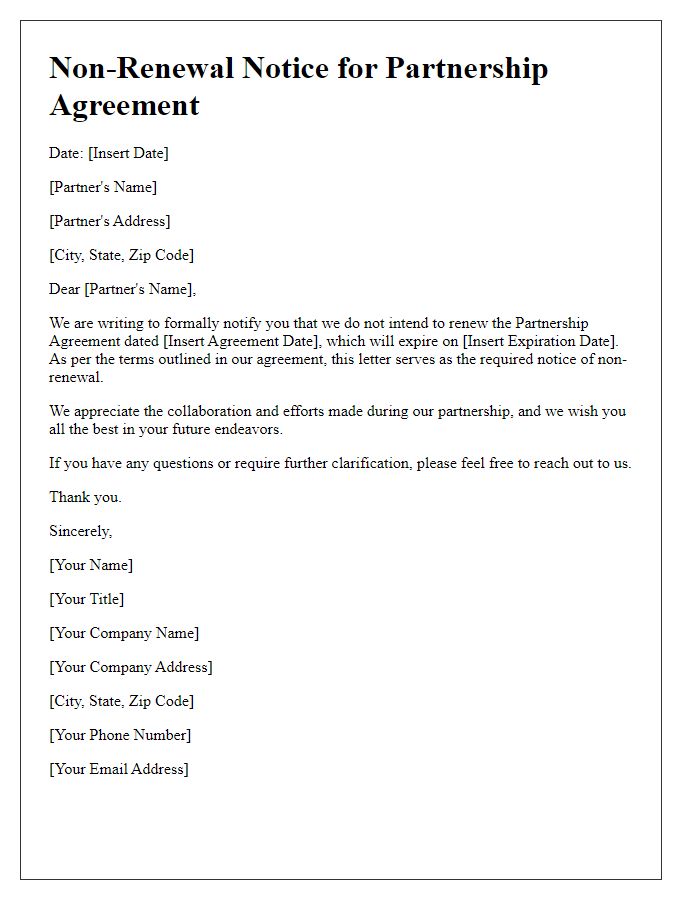 Letter template of non-renewal notice for partnership agreement termination