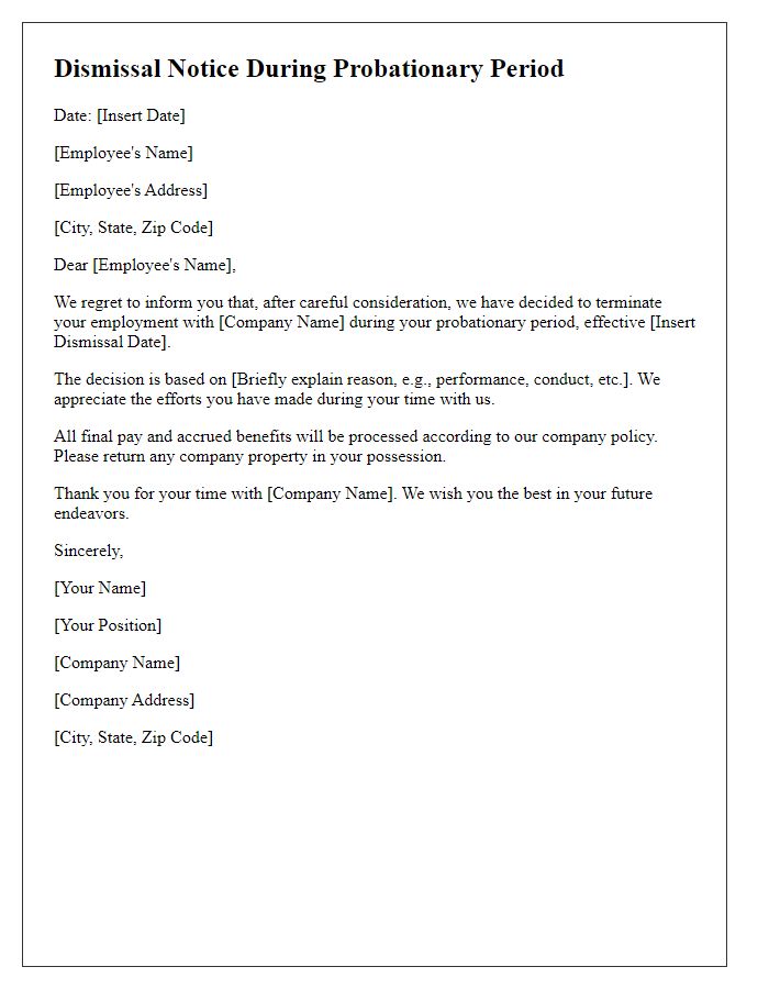 Letter template of dismissal notice in the probationary period.