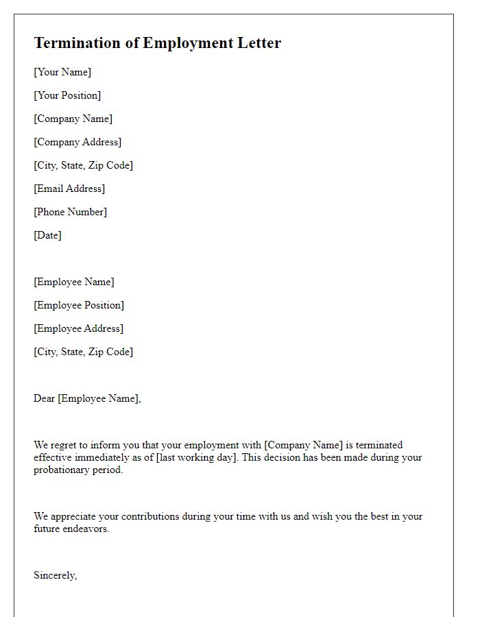 Letter template of formal termination during probationary employment.