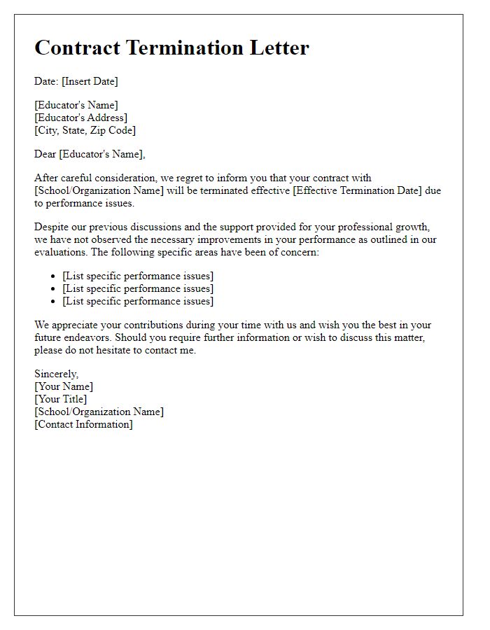 Letter template of educator contract termination due to performance issues.