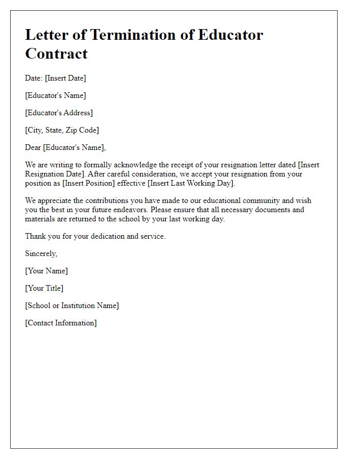 Letter template of educator contract termination for resignation acceptance.