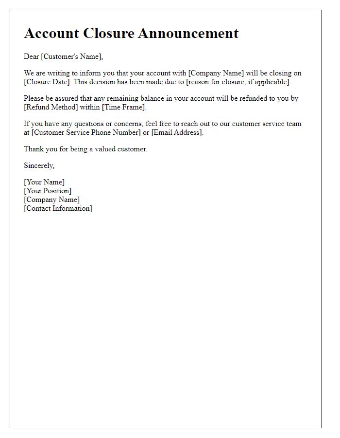 Letter template of account closure announcement