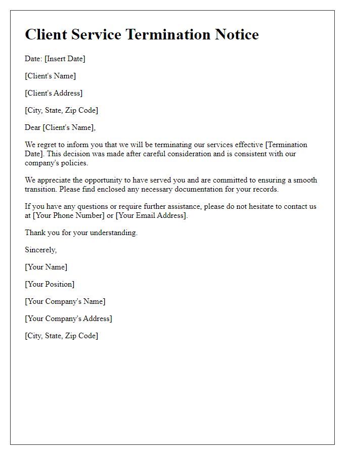 Letter template of client service termination advisement