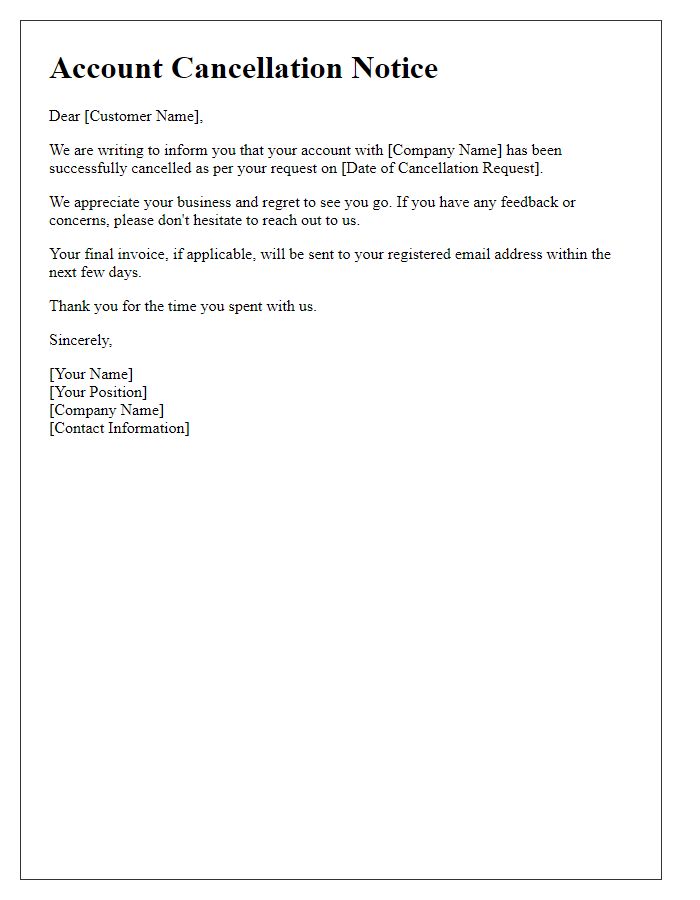 Letter template of customer service account cancellation notice