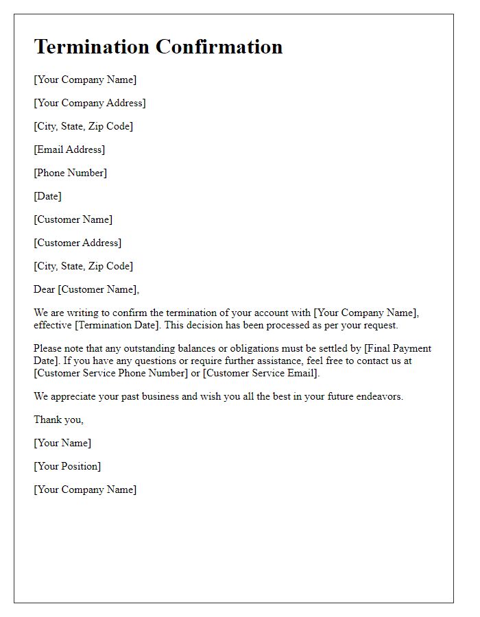 Letter template of customer service termination confirmation