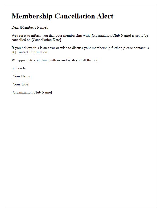 Letter template of membership cancellation alert