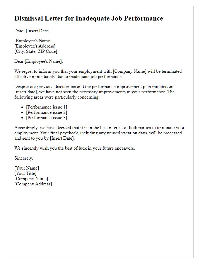 Letter template of dismissal for inadequate job performance.