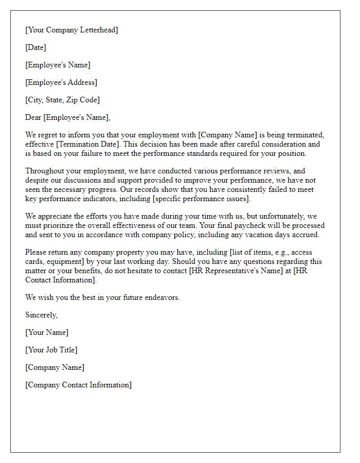 Letter template of employee dismissal for failure to meet performance standards.