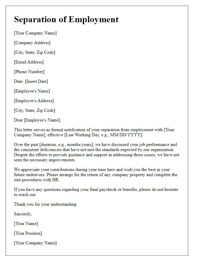 Letter template of separation from employment for consistent job performance deficiencies.