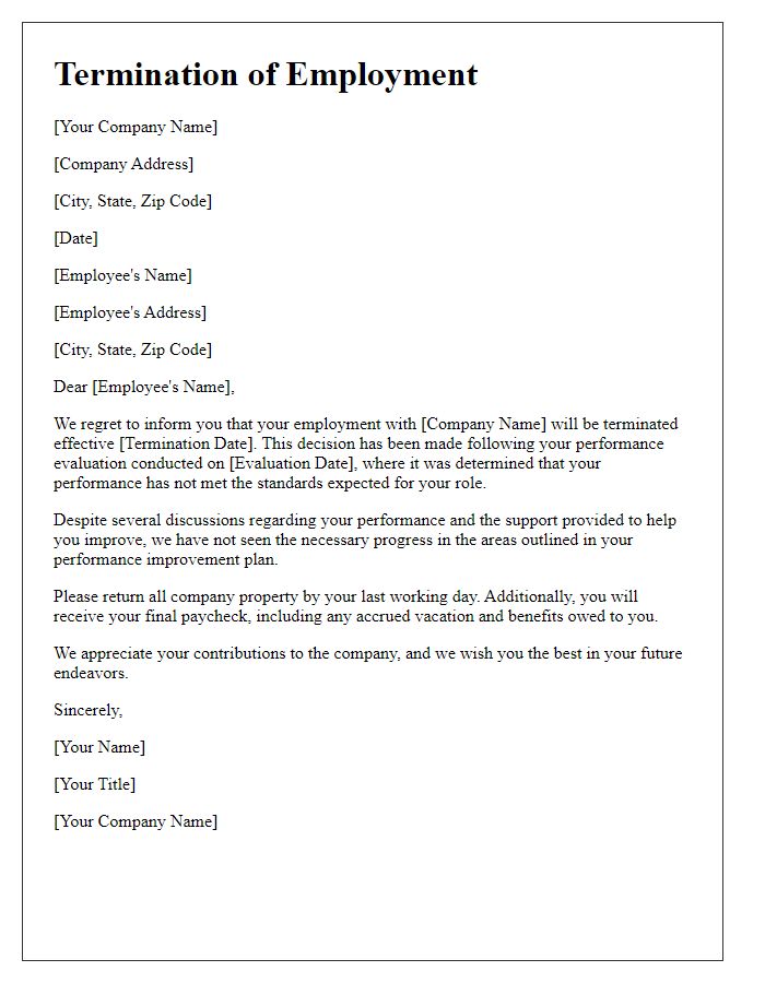 Letter template of termination based on performance evaluation results.