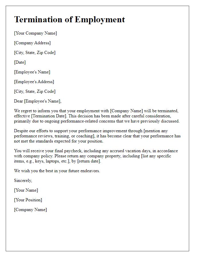 Letter template of termination letter addressing performance-related concerns.