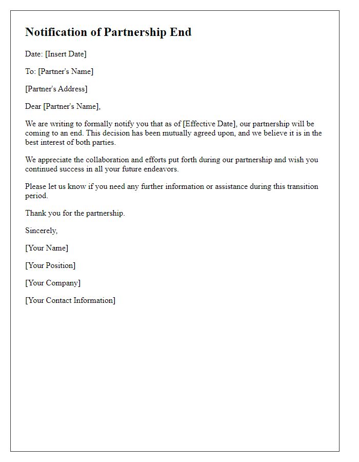 Letter template of notification of partnership end