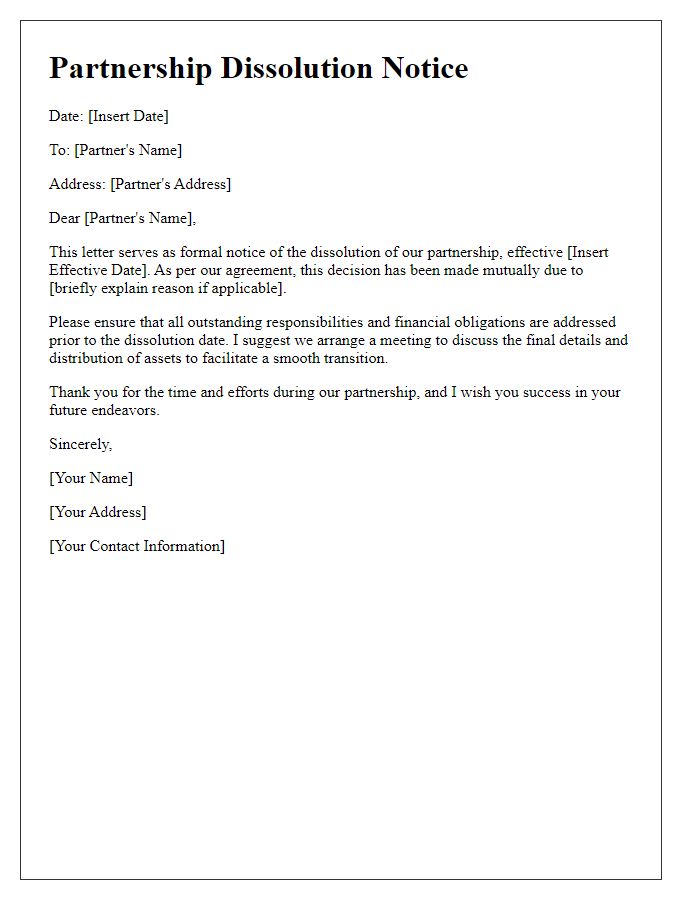 Letter template of partnership dissolution notice