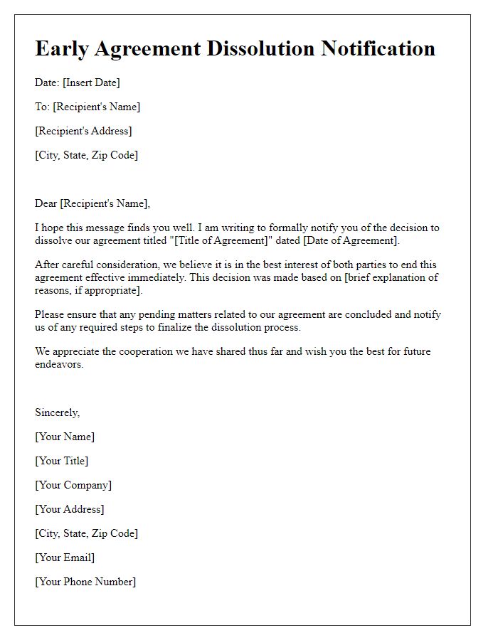 Letter template of early agreement dissolution notification