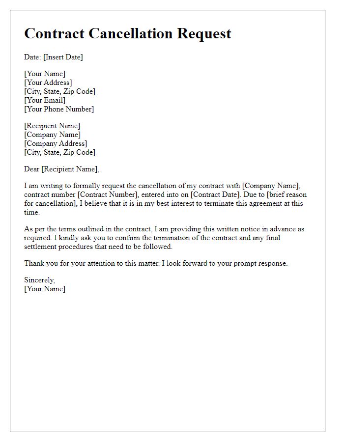 Letter template of early contract cancellation request