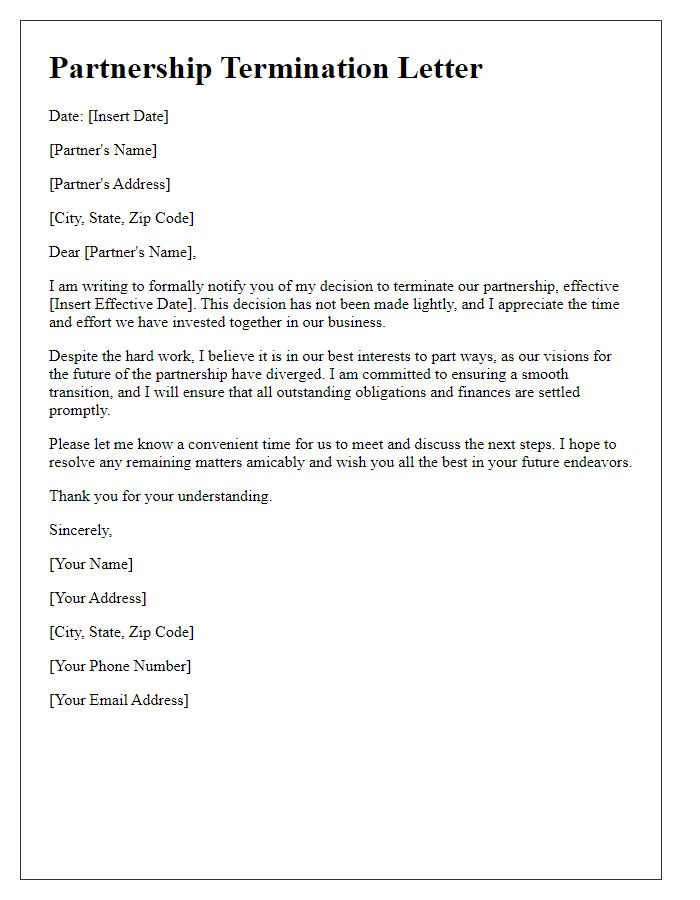 Letter template of early partnership end letter