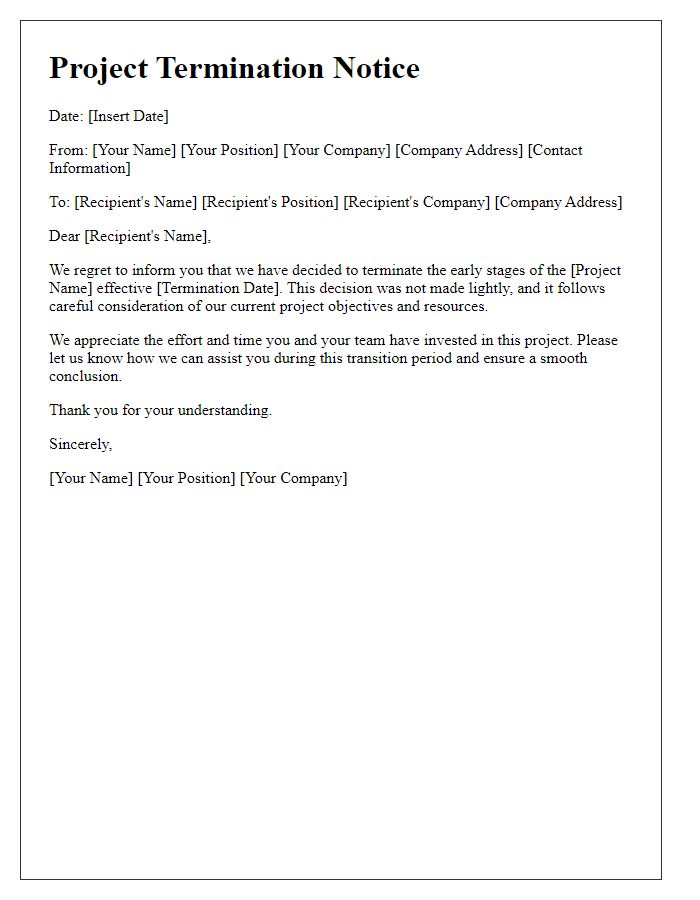 Letter template of early project termination correspondence